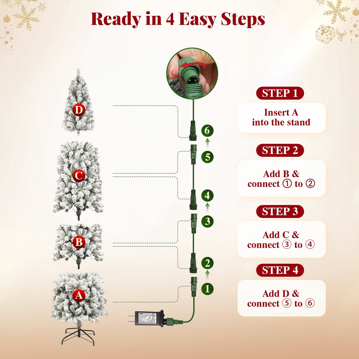 Goosiay 6ft Snow Flocked Pencil Christmas Tree, Pre-Lit Artificial Christmas Tree with 500 Tips, 250 Warm White & Multicolor Lights, 10 Modes, Slim Xmas Tree with Stand