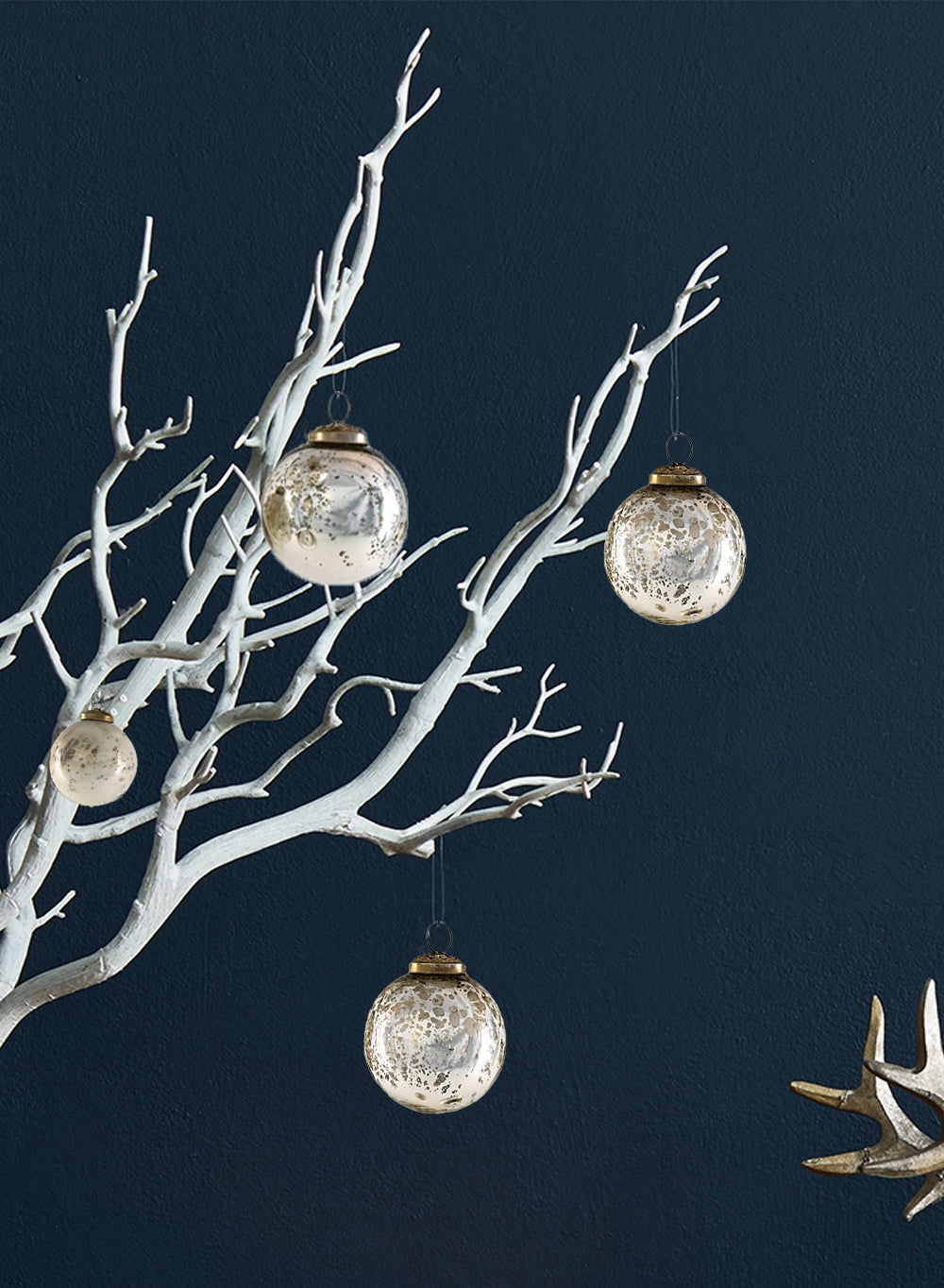 Serene Spaces Living Vintage Style Gold, Blue & Silver Glass Ball Ornaments, Set of 12