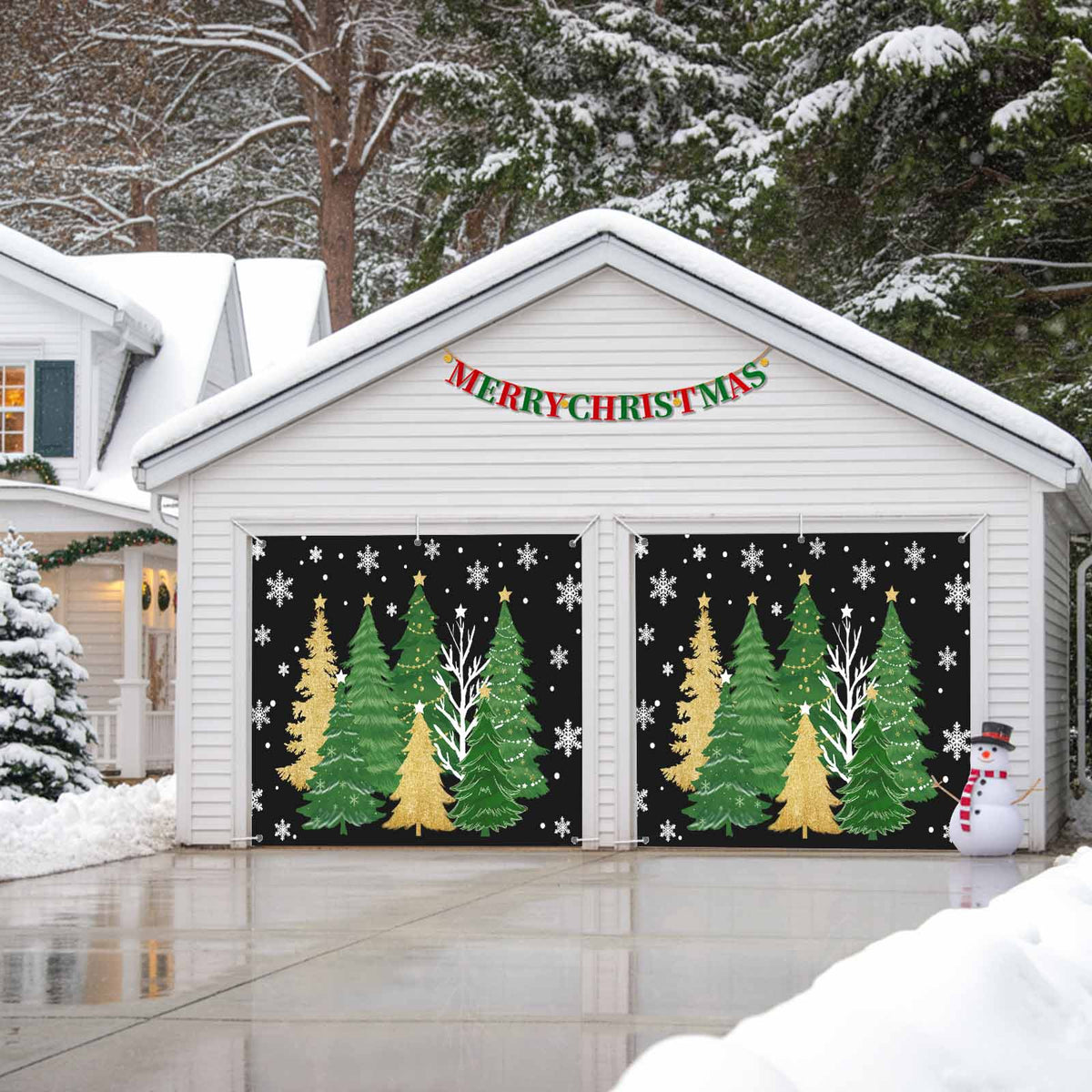 Fsddascl 7 x 16 Ft Christmas Garage Door Cover, Black Christmas Tree Large Garage Door Banner, Xmas Snowflake Green Golden Hanging Garage Mural Background for Indoor Outdoor Xmas Party Supplies