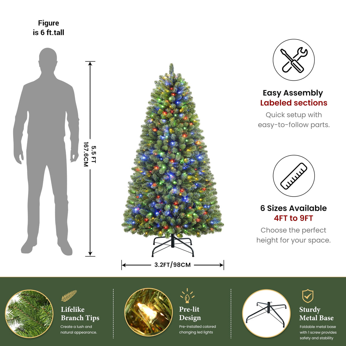 Lolsea 4.5ft Prelit Artificial Christmas Tree w/ Remote Control and Warm White & Color Changing Lights