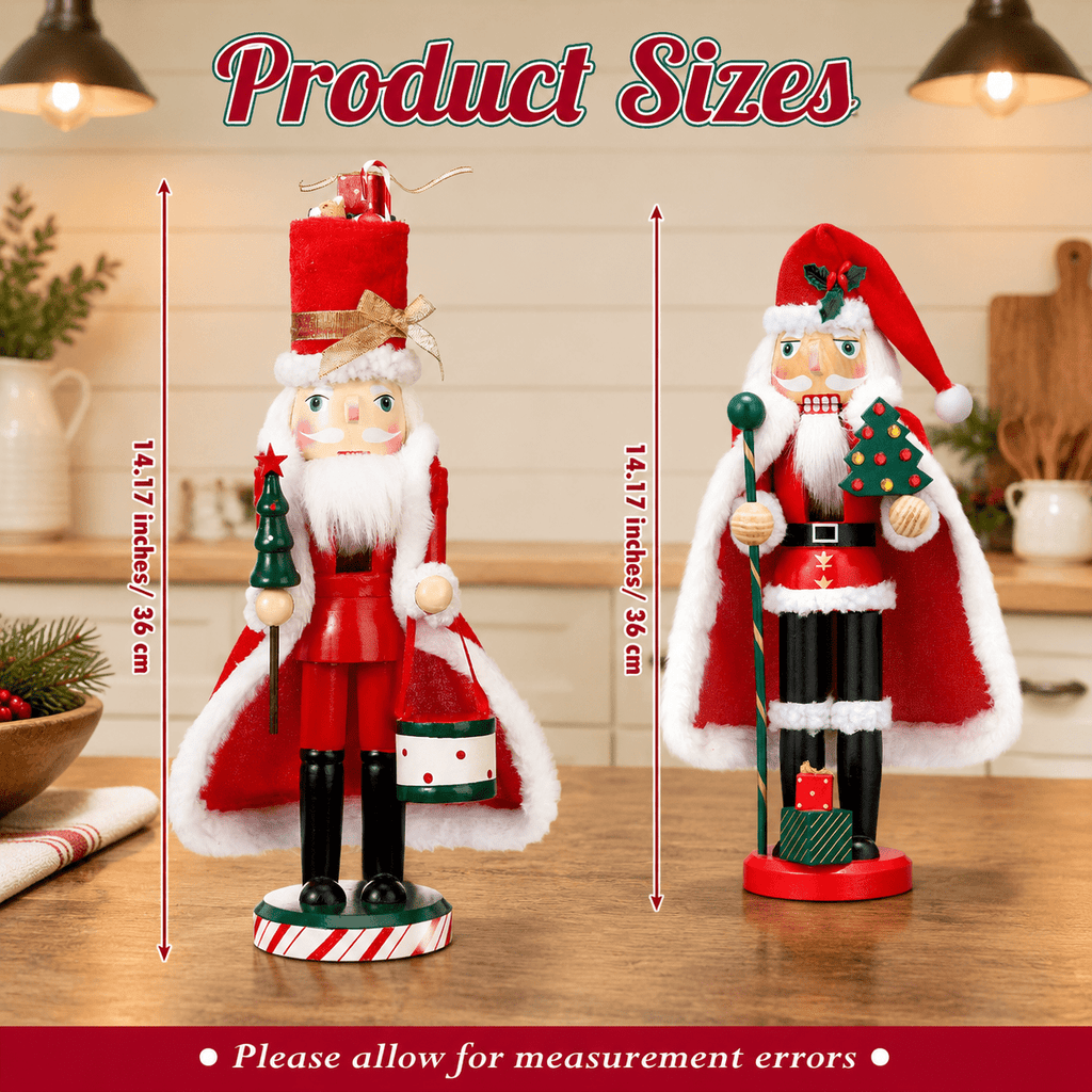 14 Inch Wooden Santa Nutcracker Figures, Set of 2, Red Green White Christmas Decor