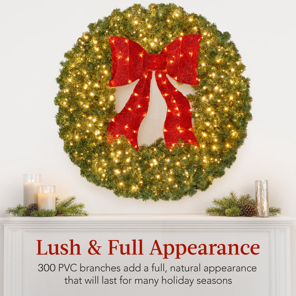 Best Choice Products 48in Artificial Pre-Lit Fir Christmas Wreath Decor w/ Red Bow, 250 LED Lights, 714 Tips, Plug-In