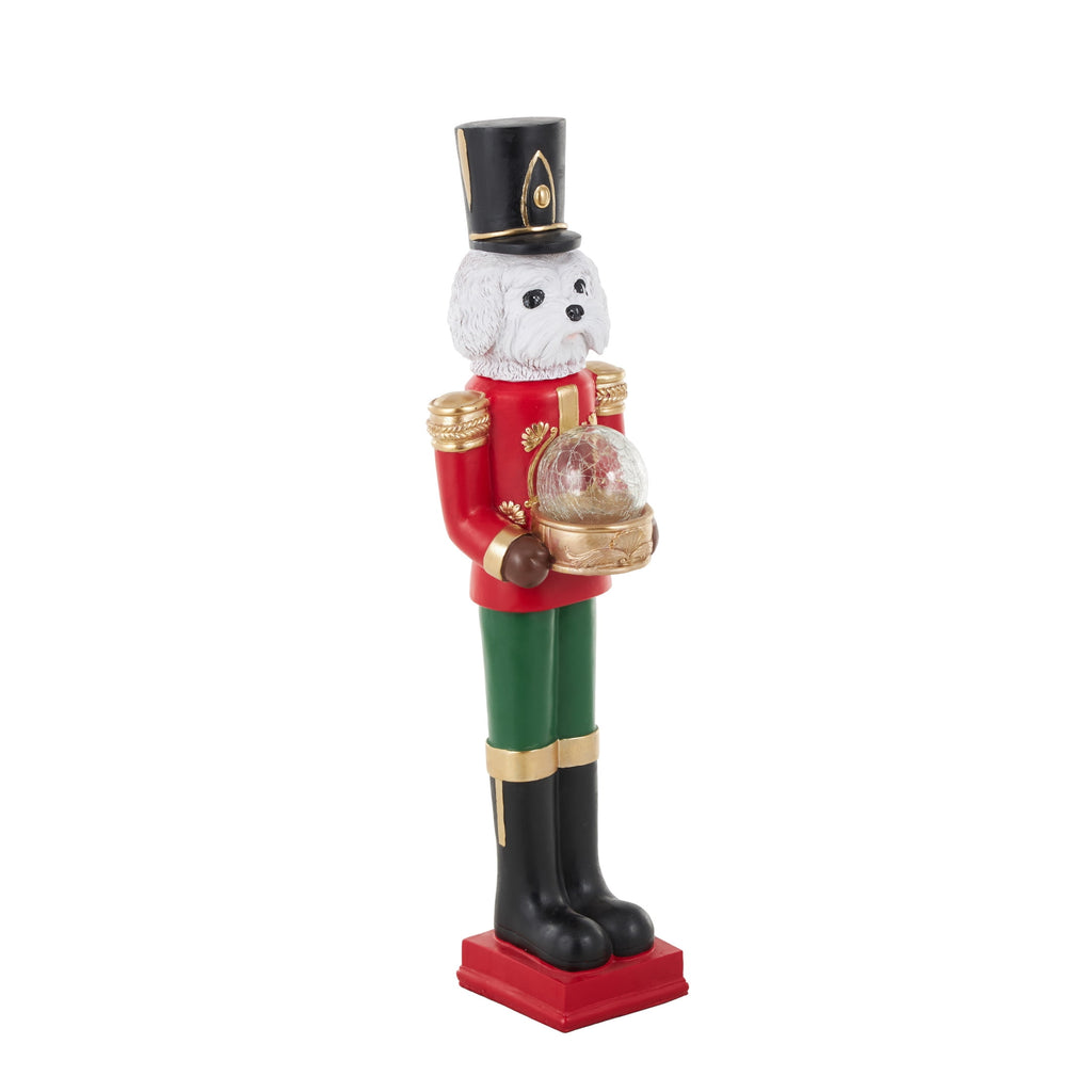 6" x 32" Red Fiberglass Tall Soldier Nutcracker Dog Christmas Sculpture with LED Light Snow Globe, by DecMode