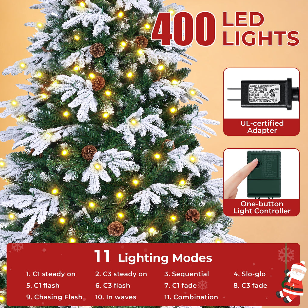 Firstness 6ft Artificial Christmas Tree with 1000 Branches and 250 LED Lights, Pre-Lit Flocked Xmas Tree,11 Lighting Modes,Pine Cones