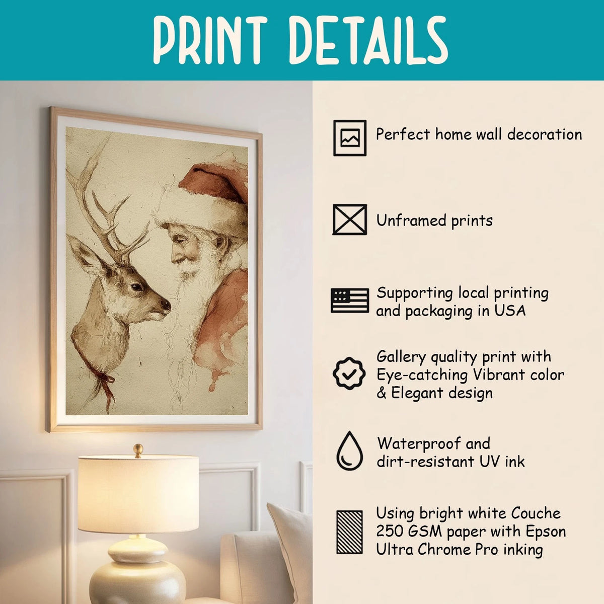 Santa And Reindeer Print Wall Art, Vintage Christmas Poster, Neutral Holiday, Matte Canvas Stretched, Posters for Room Bedroom Living Room Bathroom Wall Decor, Posters & Art Prints, Gift.
