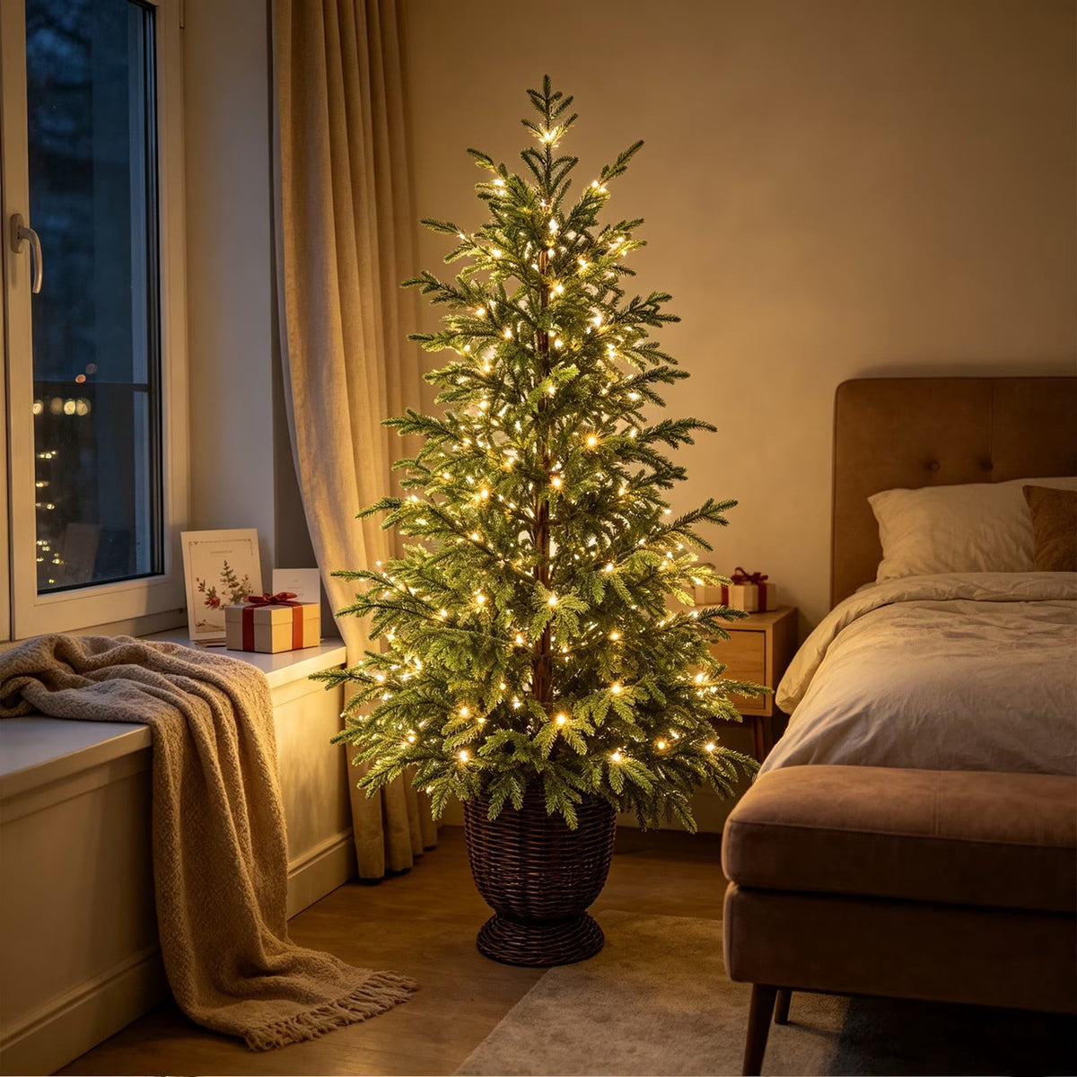 3ft Prelit Green Artificial Christmas Tree Lifelike Potted Spruce Xmas Tree With Warm LED Lights for Home,Office,Party Decoration,Hinged Design and Stable Base,Indoor Holiday Decor for Home