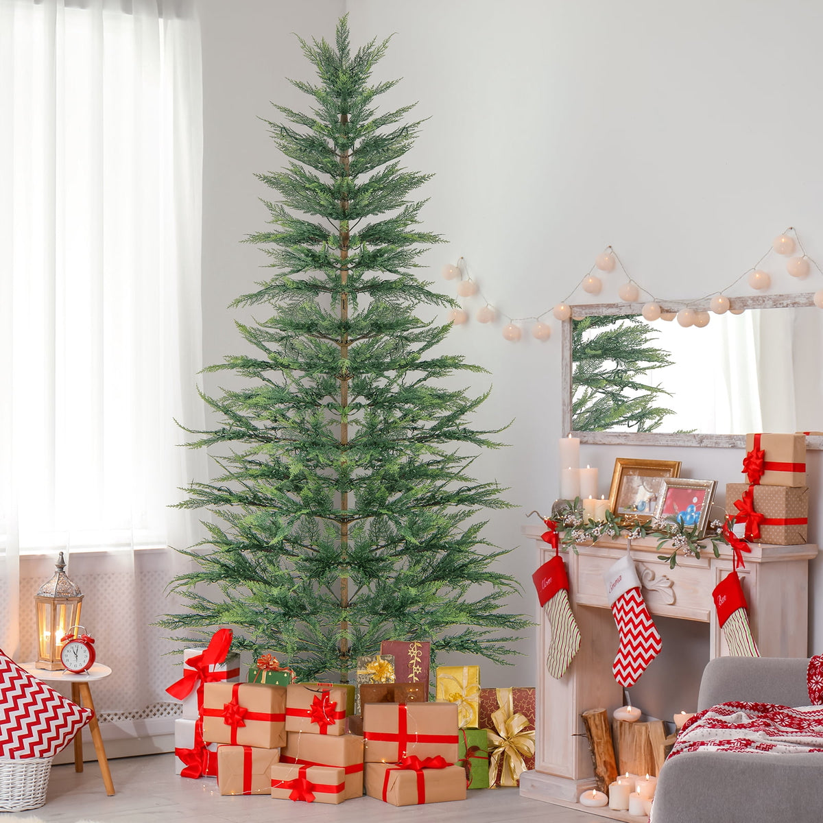 Topbuy 6.5 FT Artificial Cypress Christmas Tree Pre-lit Hinged Xmas Tree with 430 Warm White LED Lights 470 Highly Simulated Branch Tips