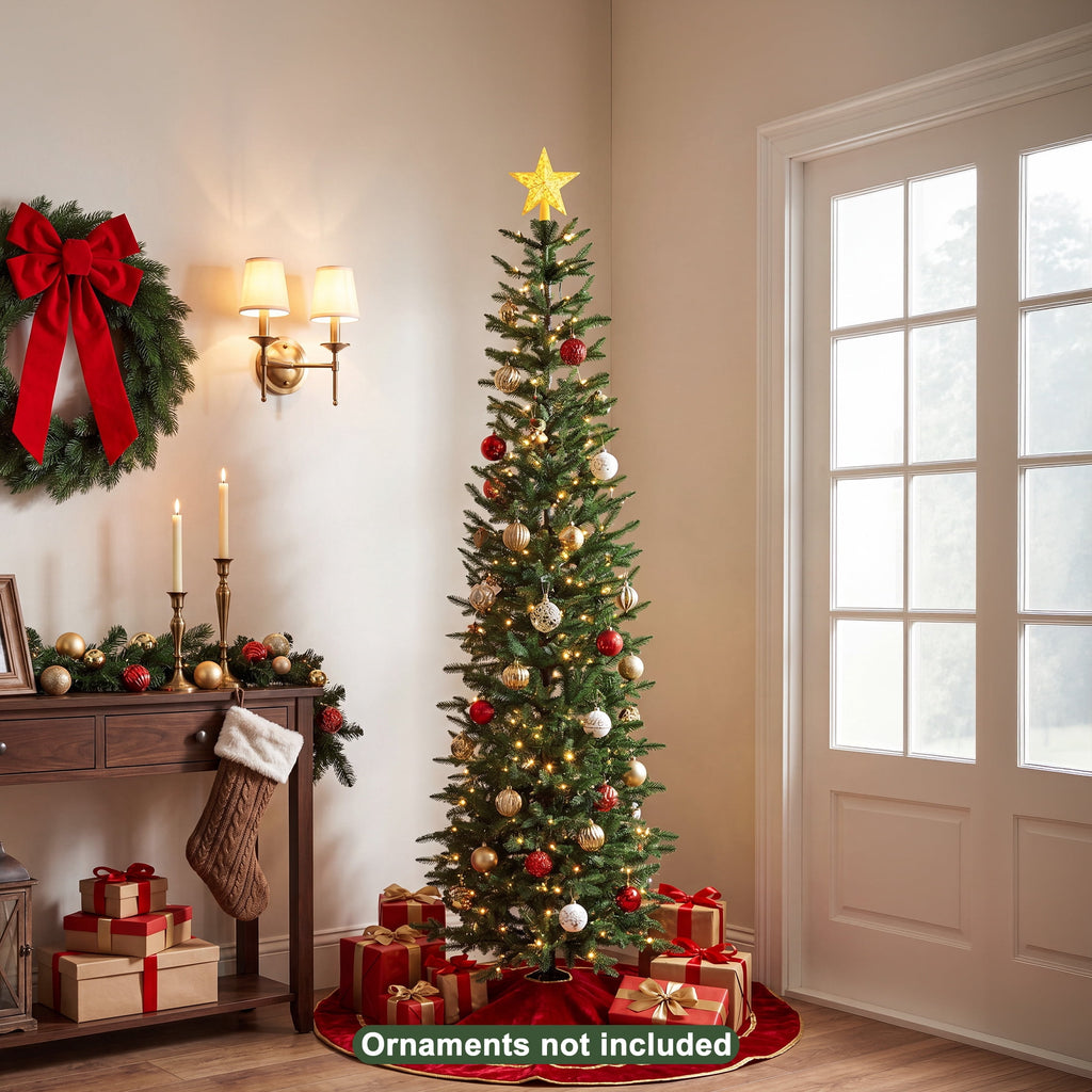DR.Planzen 6ft Prelit Pencil Christmas Tree with 150 Warm White LED Lights, 1571 PE Branch Tips, Iron Base, Slim Artificial Christmas Tree for Apartment, Entryway, Corner, Office