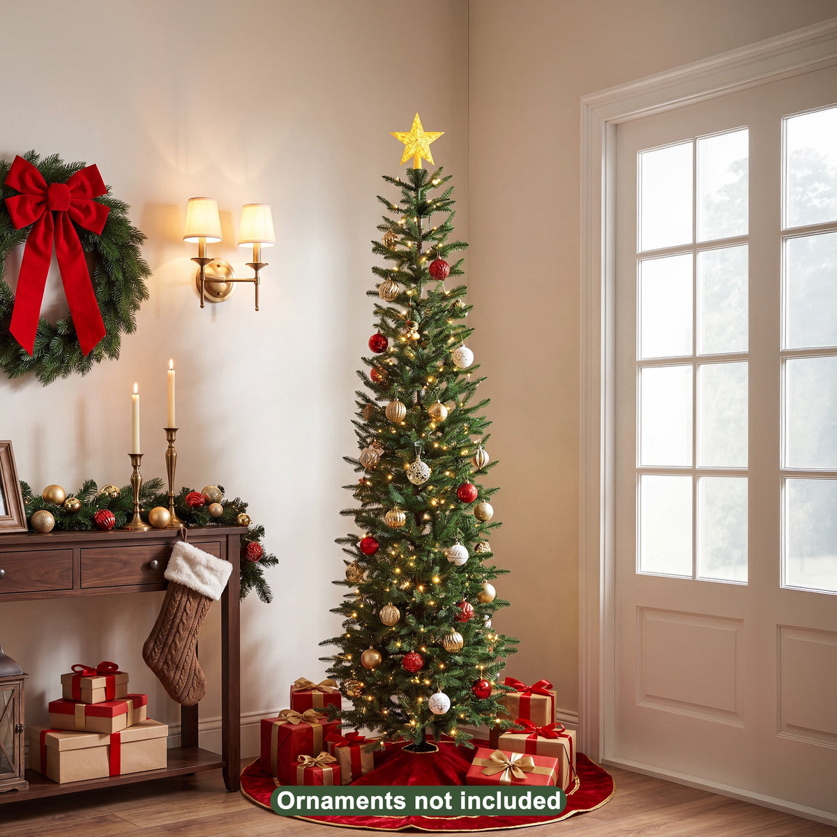 DR.Planzen 6ft Prelit Pencil Christmas Tree with 150 Warm White LED Lights, 1571 PE Branch Tips, Iron Base, Slim Artificial Christmas Tree for Apartment, Entryway, Corner, Office