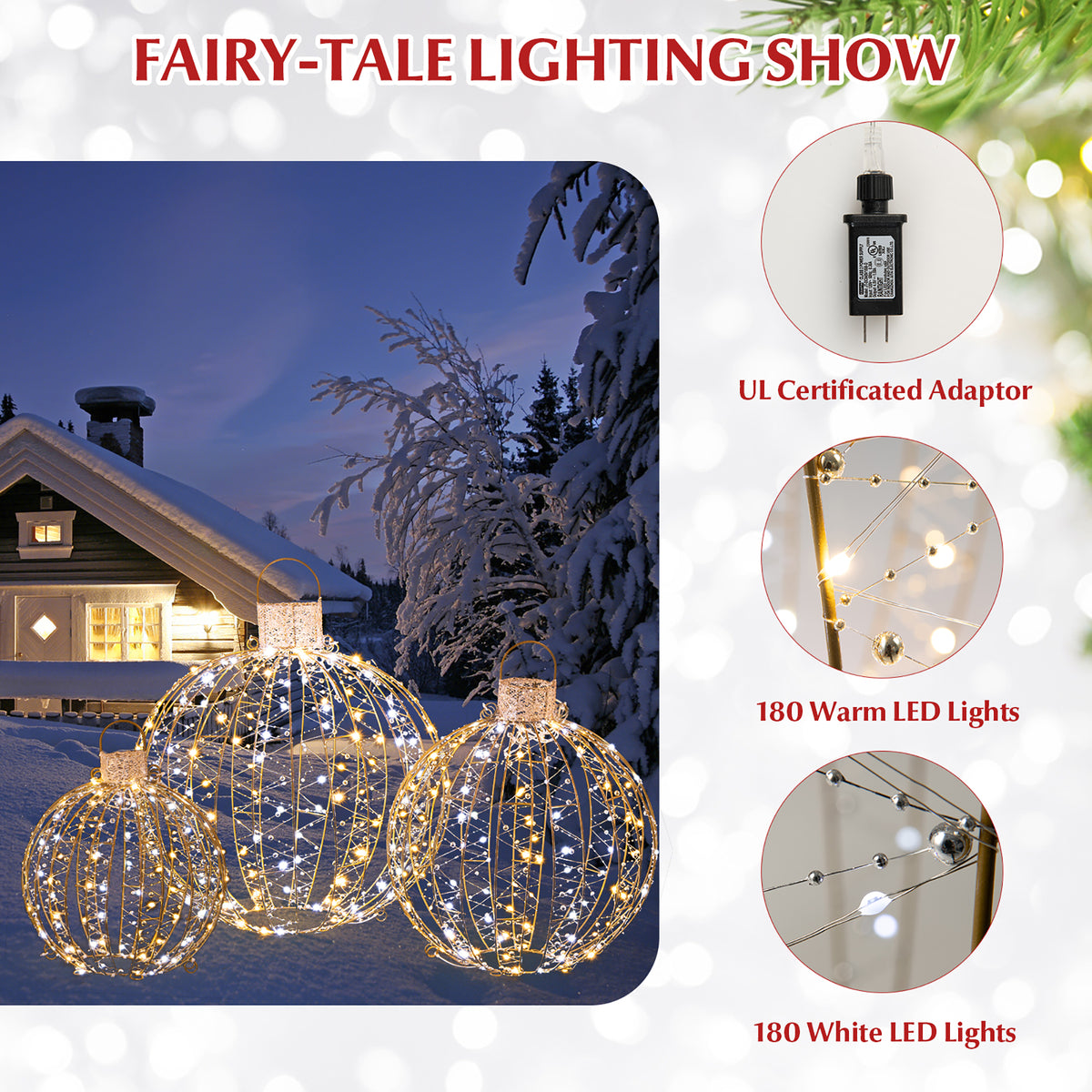 Gymax Set of 3 Christmas Globe Light Hanging Tree Light Ball Decor w/ Steel Frame & LED Lights