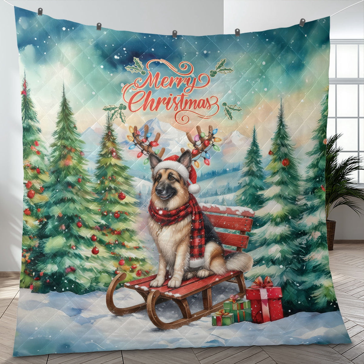 Merry Christmas Santa Reindeer Antlers French Bulldog Sleigh Xmas Winter Holiday Quilt Bedding Set Dog Lover Gifts 1 Blanket Bed Cover 2 Pillowcases - 00023
