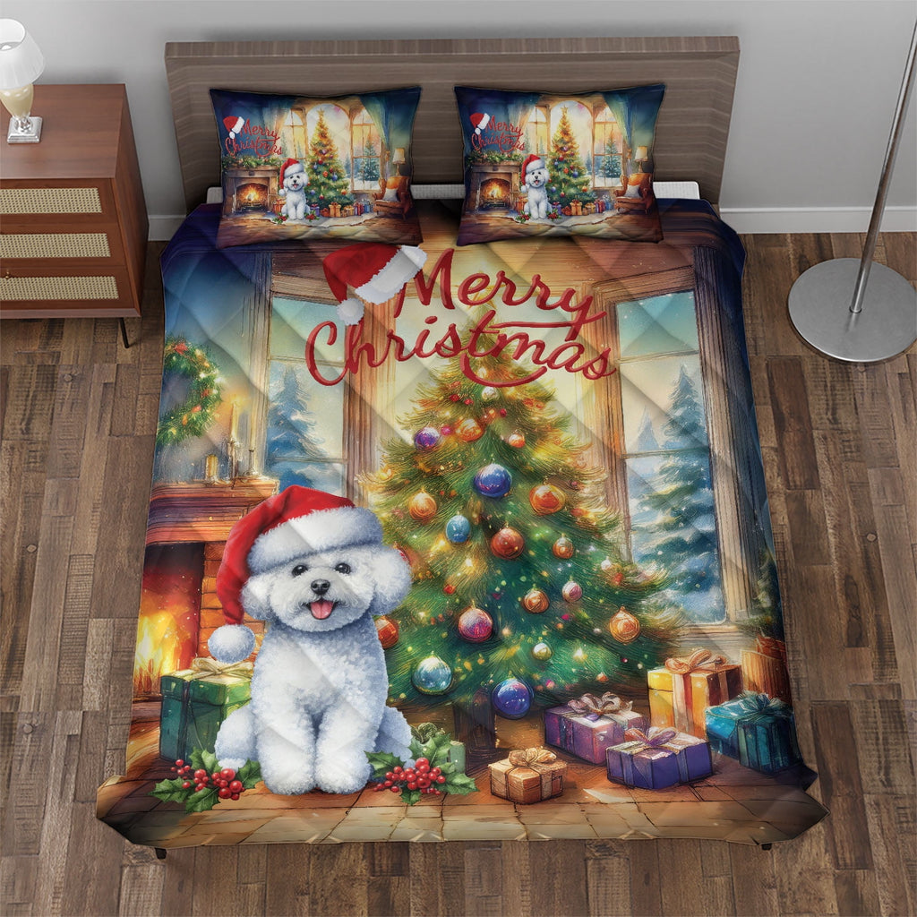 Merry Christmas French Bulldog Santa Hat Xmas Tree Winter Holiday Quilt Bedding Set Dog Lover Gifts 1 Blanket Bed Cover 2 Pillowcases - 01013