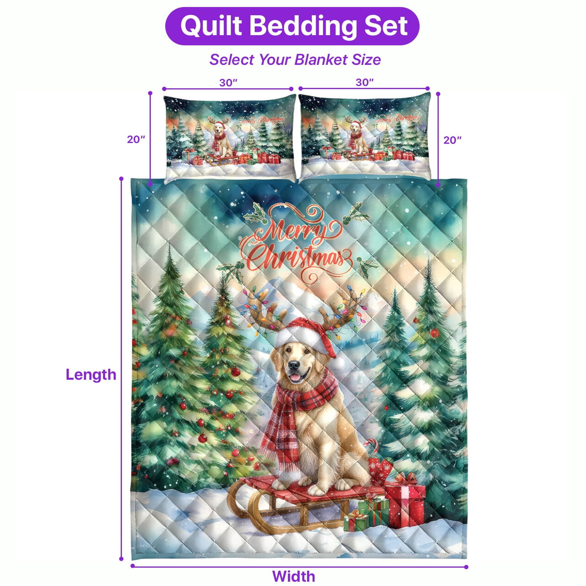 Merry Christmas Santa Reindeer Antlers French Bulldog Sleigh Xmas Winter Holiday Quilt Bedding Set Dog Lover Gifts 1 Blanket Bed Cover 2 Pillowcases - 00023