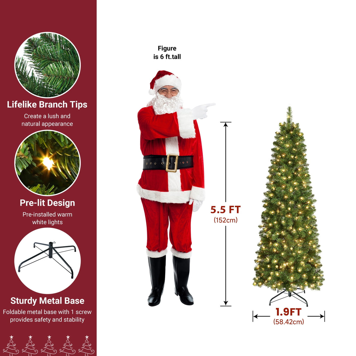 Lolsea 6.5ft Prelit Artificial Slim Pencil Christmas Tree w/ Warm White Lights, Full Branch Tips, Perfect Choice Decoration for Xmas Holiday
