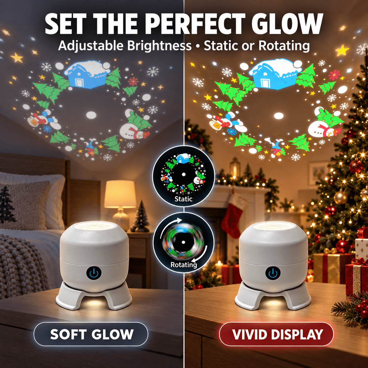 Christmas Projector Indoor, 360° Rotating Snowman Reindeer Snowflake Light with Adjustable Brightness, 5D Holographic Lamp for Holiday Decor, Bedroom, Kids Room