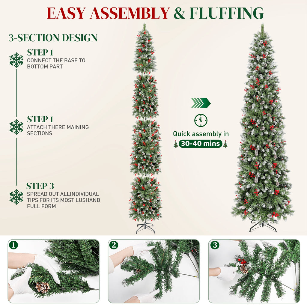 Aufeile 6ft Pencil Christmas Tree, Slim Pre-Lit Xmas Tree, 200 LED Lights, 600 Hinged Tips, Pine Cones, Berries, Metal Stand