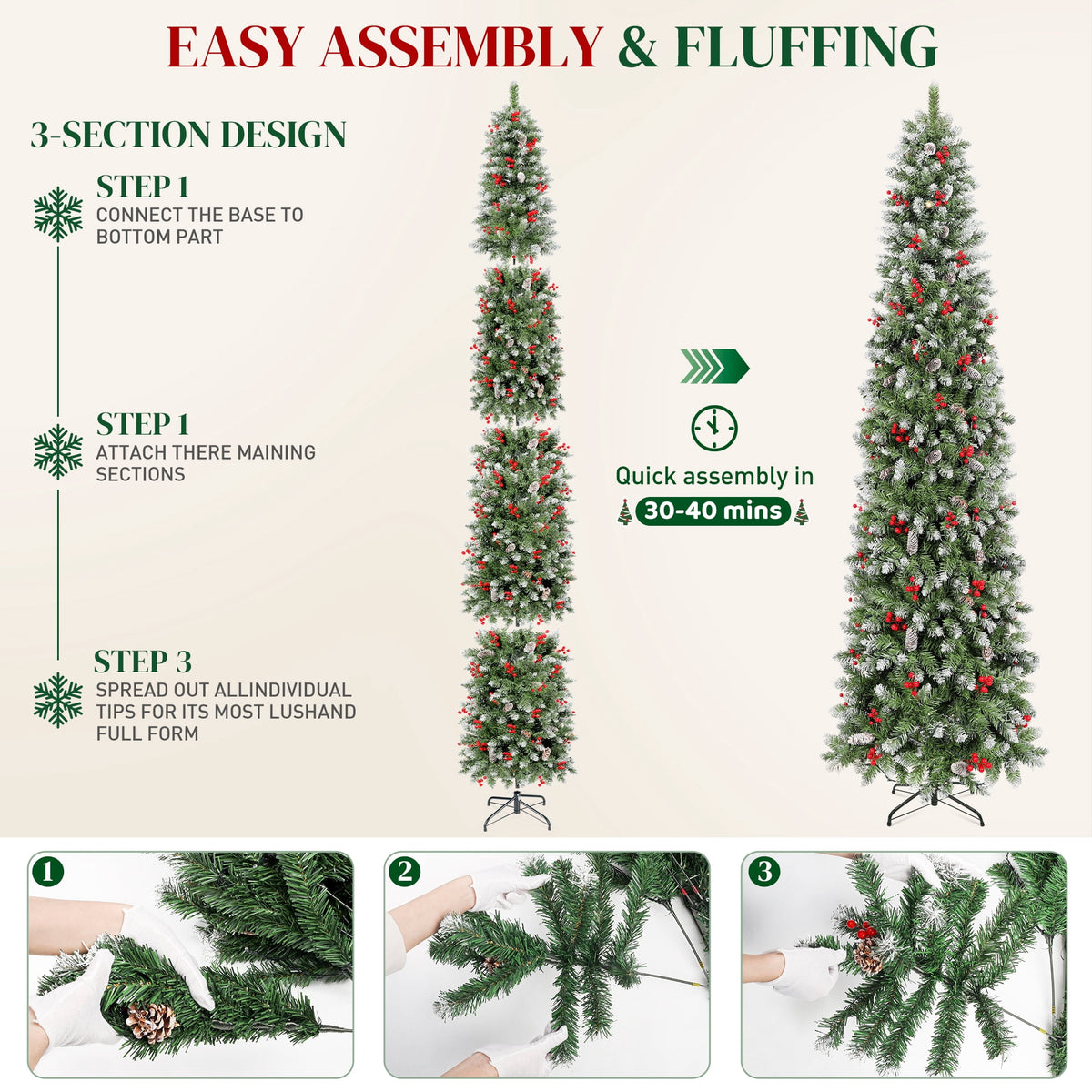 Aufeile 6ft Pencil Christmas Tree, Slim Pre-Lit Xmas Tree, 200 LED Lights, 600 Hinged Tips, Pine Cones, Berries, Metal Stand
