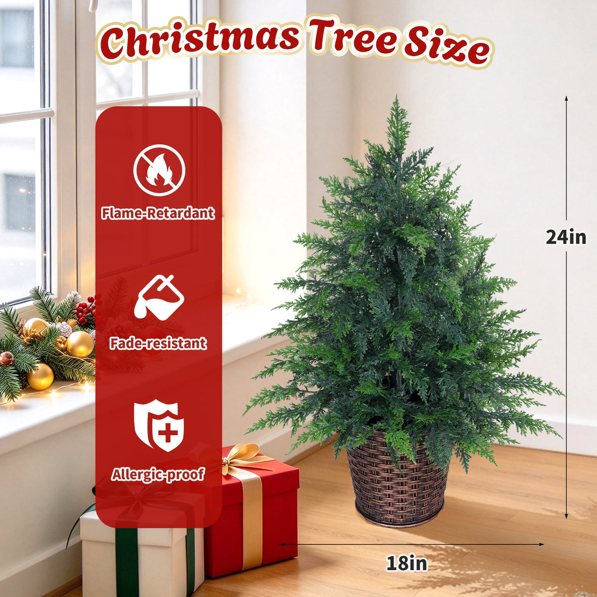 Firstness 4Ft Pre-Lit Potted Christmas Trees with 8 Lighting Modes, PE Cypress Artificial Tree for Porch Entryway Indoor Outdoor Decor