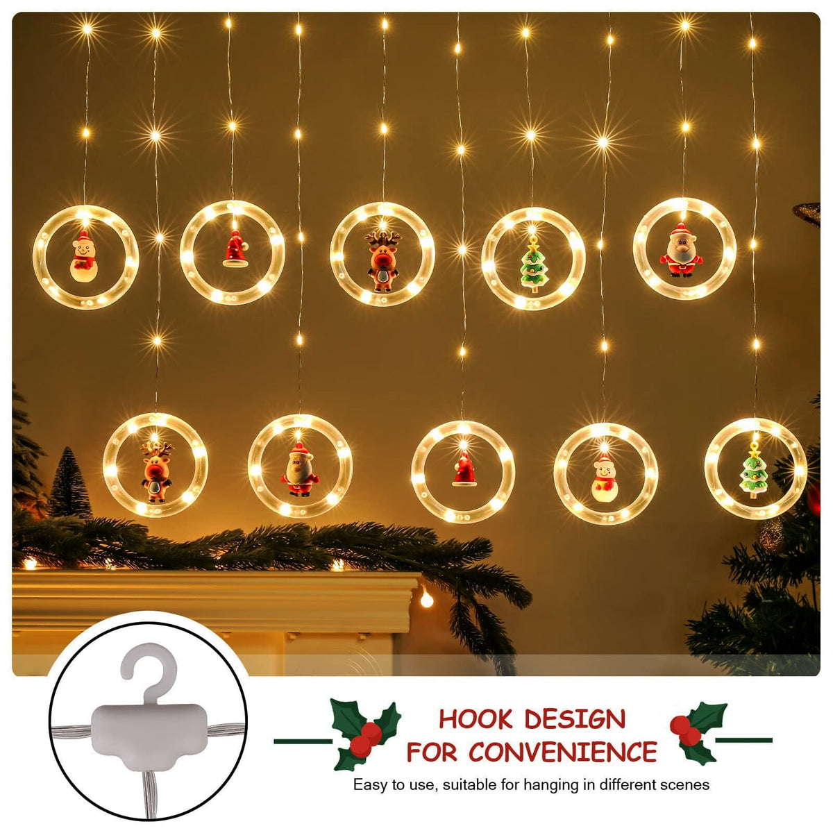 WILLED Christmas String Lights, 120 LED Window Curtain Lights with Christmas Ornaments, 9.8ft USB Powered Warm White Waterproof Fairy Lights Indoor Outdoor for Xmas Tree Patio Garden Party Home Decor
