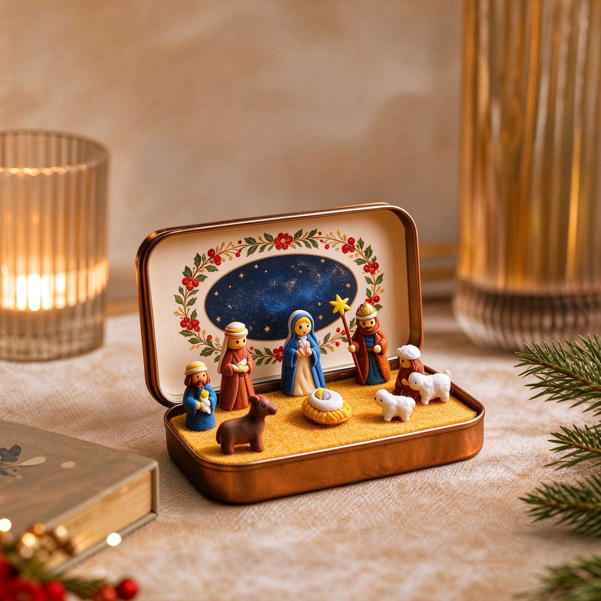 Daghihgewr Mini Christmas Nativity Set Tabletop Tin Box Multicolor Indoor Religious Ornament 1-Count 3.9 x 2.8 x 1.2 Inch