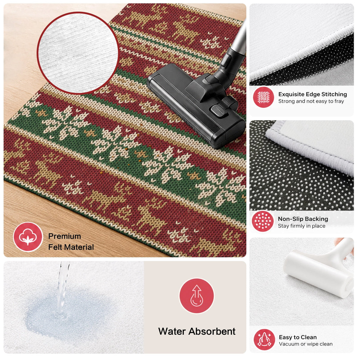 Christmas Washable Area Rug 5x7 Winter Farmhouse Red Green Snowflake Deer Striped Low-Profile Large Area Rugs with Non Slip Backing Indoor Floor Carpet for Entrance Living Room Bedroom Home Office