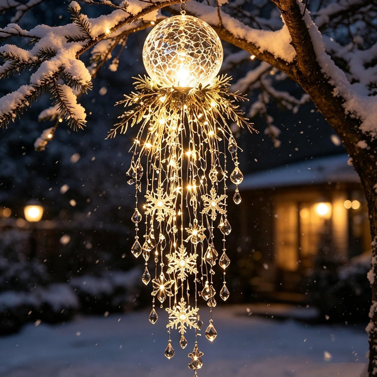 Crystal Cascade Christmas Light - Hanging Snowflake & Crystal LED Porch Decor(Blue light ball)