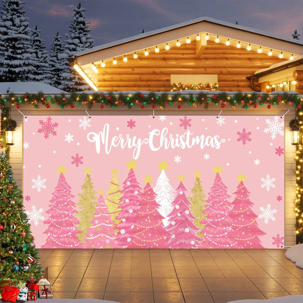 Fsddascl 7 x 16 Ft Christmas Garage Door Cover, Black Christmas Tree Large Garage Door Banner, Xmas Snowflake Green Golden Hanging Garage Mural Background for Indoor Outdoor Xmas Party Supplies