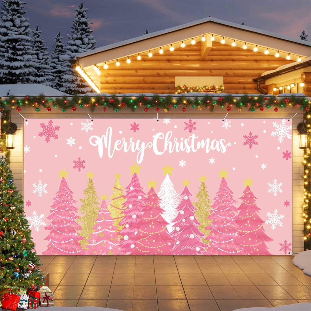 Fsddascl 7 x 16 Ft Christmas Garage Door Cover, Black Christmas Tree Large Garage Door Banner, Xmas Snowflake Green Golden Hanging Garage Mural Background for Indoor Outdoor Xmas Party Supplies