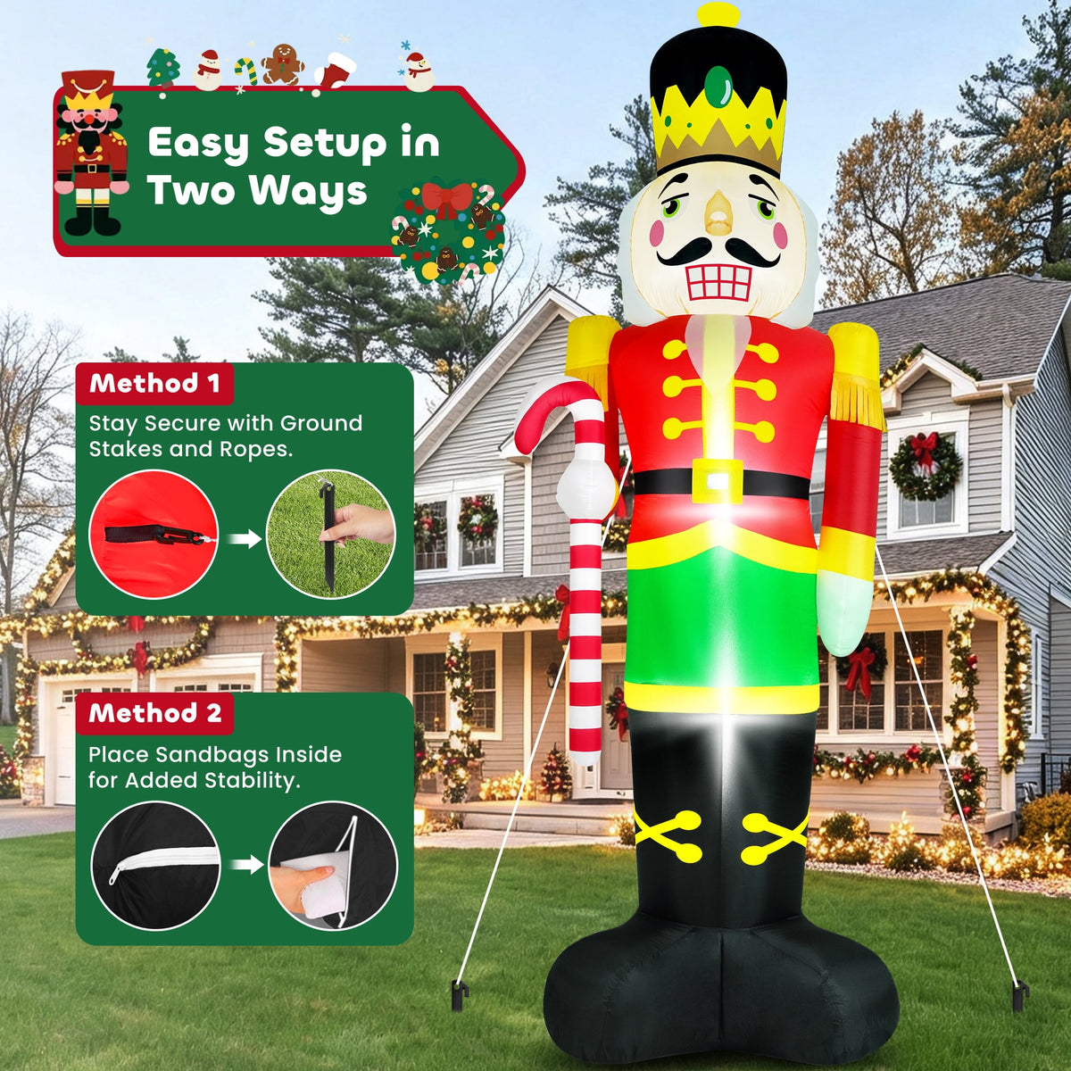 Yexmas 12FT Christmas Inflatable Nutcracker Soldier, Blow Up Yard Xmas Decor with LED Light&Candy Cane for Holiday Party Lawn Garden Outdoor Decor
