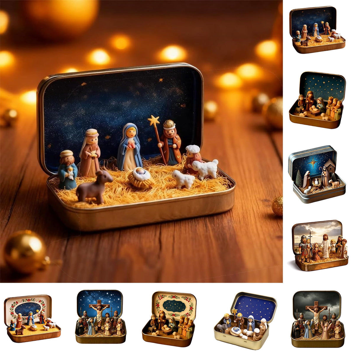 Daghihgewr Mini Christmas Nativity Set Tabletop Tin Box Multicolor Indoor Religious Ornament 1-Count 3.9 x 2.8 x 1.2 Inch