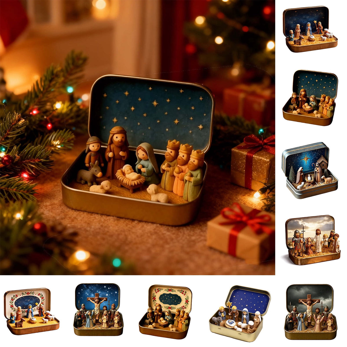 Daghihgewr Mini Christmas Nativity Set Tabletop Tin Box Multicolor Indoor Religious Ornament 1-Count 3.9 x 2.8 x 1.2 Inch