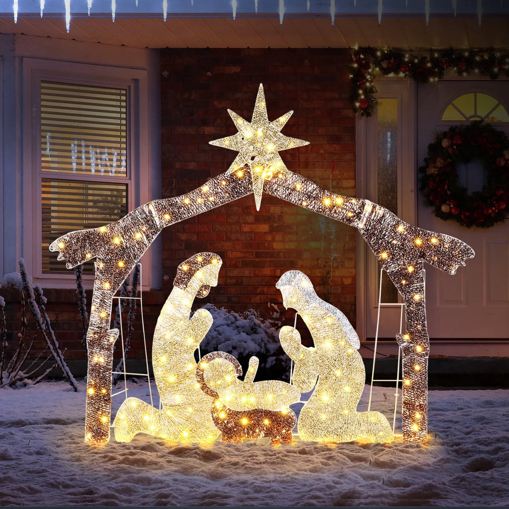 iCapeson 6ft Lighted Outdoor Nativity Scene with Brown Roof, 190 LED Lights Holy Family Yard Decoration for Christmas, Includes Mary, Joseph, Jesus Figure