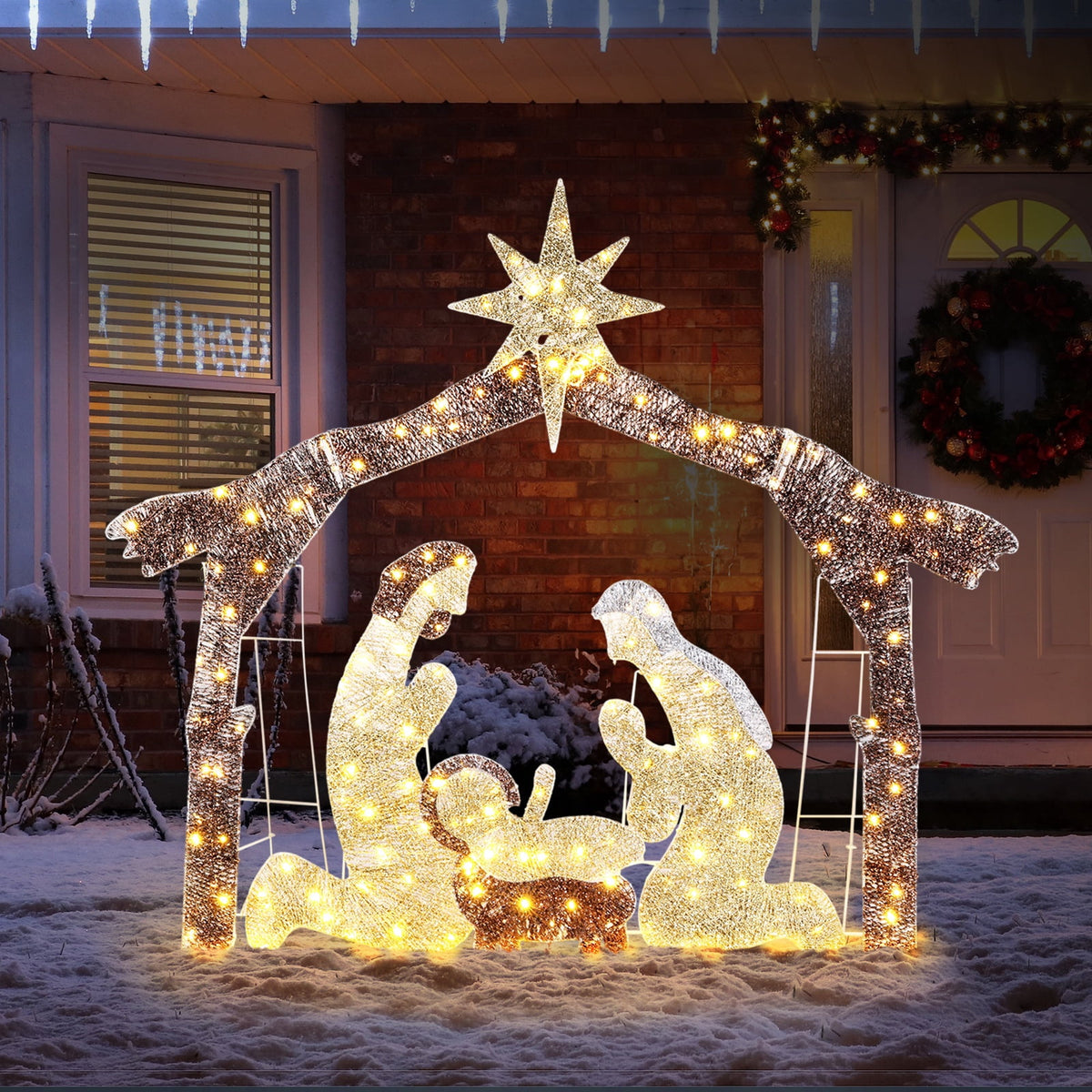 iCapeson 6ft Lighted Outdoor Nativity Scene with Brown Roof, 190 LED Lights Holy Family Yard Decoration for Christmas, Includes Mary, Joseph, Jesus Figure